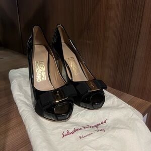salvatore ferragamo black open toe heels